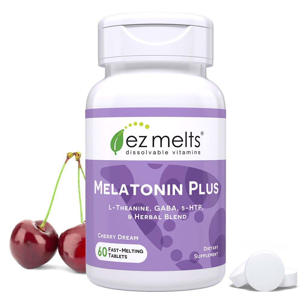 melatonin supplement with L-theanine, GABA, 5-HTP, lemon balm, and passionflower. With dissolvable tablet in "cherry dream" flavor that melts in the mouth