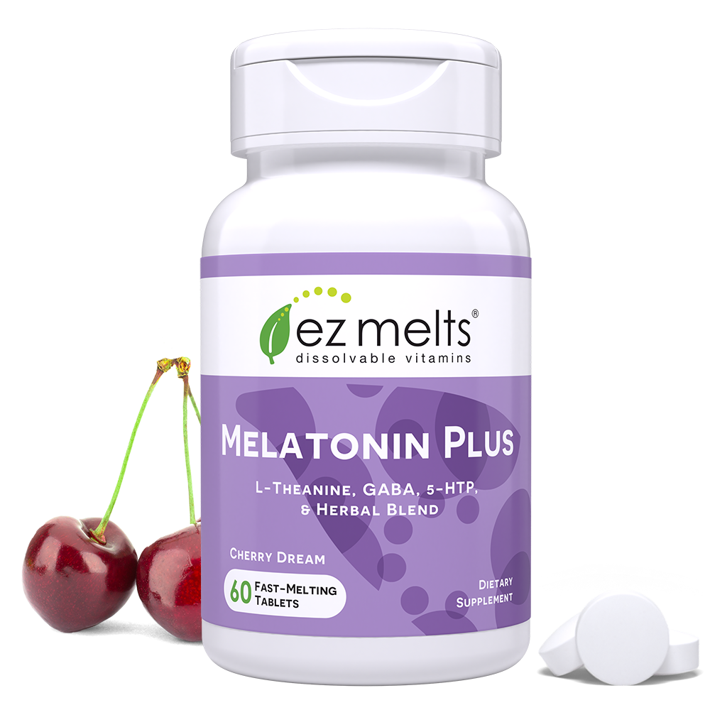 melatonin supplement with L-theanine, GABA, 5-HTP, lemon balm, and passionflower. With dissolvable tablet in 