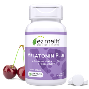 melatonin supplement with L-theanine, GABA, 5-HTP, lemon balm, and passionflower. With dissolvable tablet in "cherry dream" flavor that melts in the mouth